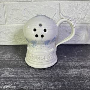 Vintage Art Pottery Cheese Shaker – White Glaze Blue Design – Thumb Handle Leaf